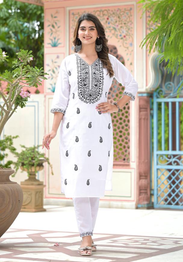 Cotton Embroidered Straight Fit Kurta Pant Dupatta Set | | Shop stylish women's clothing online at Label Flavia |