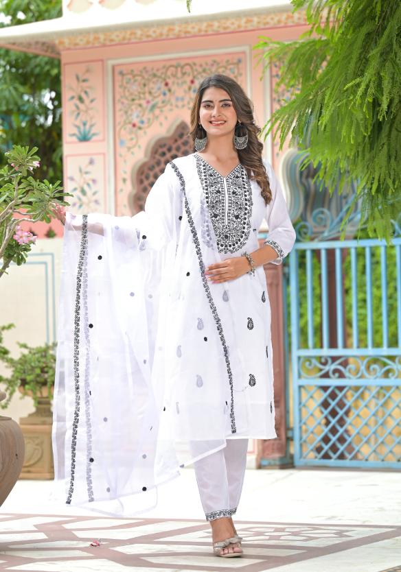 Cotton Embroidered Straight Fit Kurta Pant Dupatta Set | | Shop stylish women's clothing online at Label Flavia |