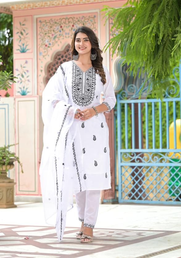 Cotton Embroidered Straight Fit Kurta Pant Dupatta Set | | Shop stylish women's clothing online at Label Flavia |