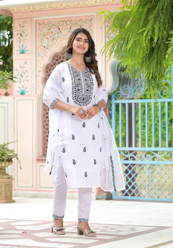 Cotton Embroidered Straight Fit Kurta Pant Dupatta Set | | Shop stylish women's clothing online at Label Flavia |
