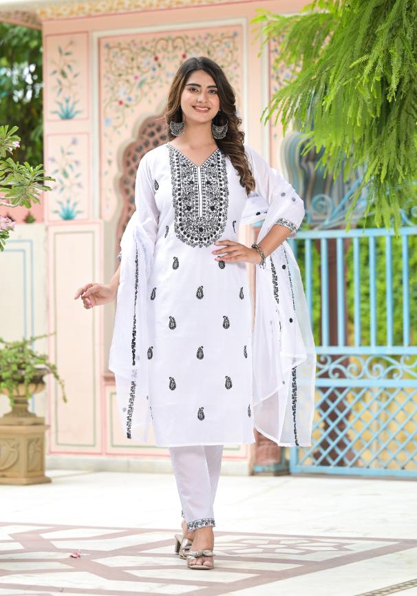 Cotton Embroidered Straight Fit Kurta Pant Dupatta Set | | Shop stylish women's clothing online at Label Flavia |