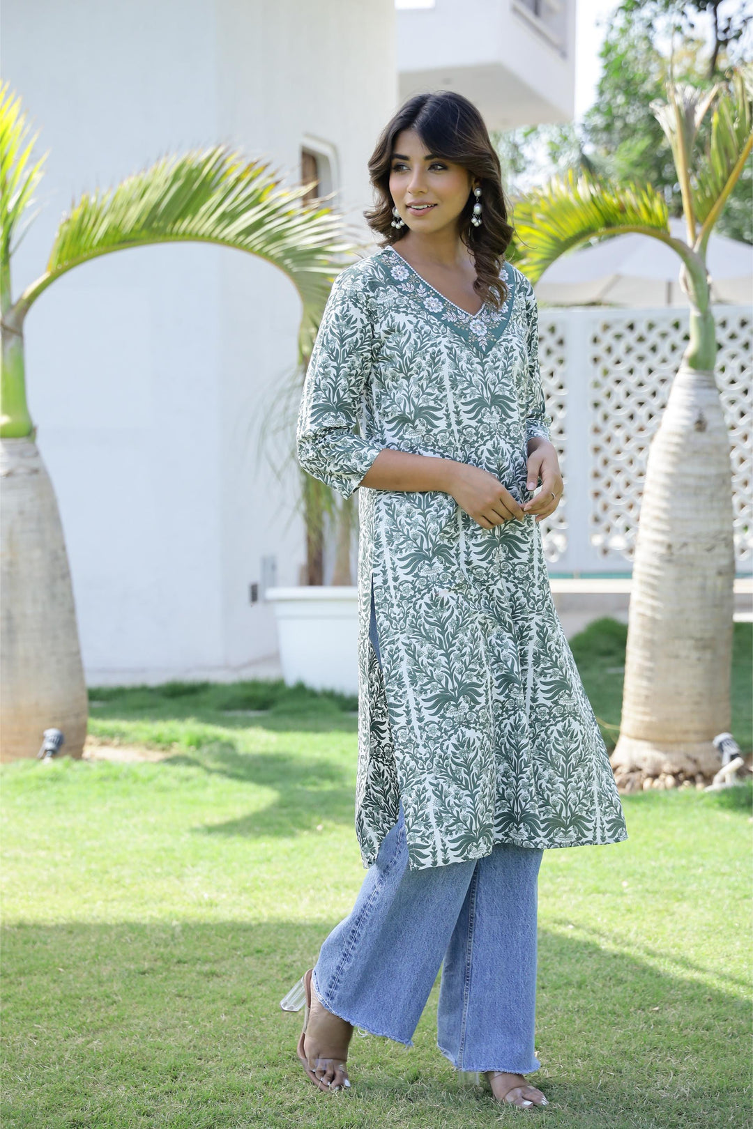 Cotton Embroidered Straight Fit Kurti Set