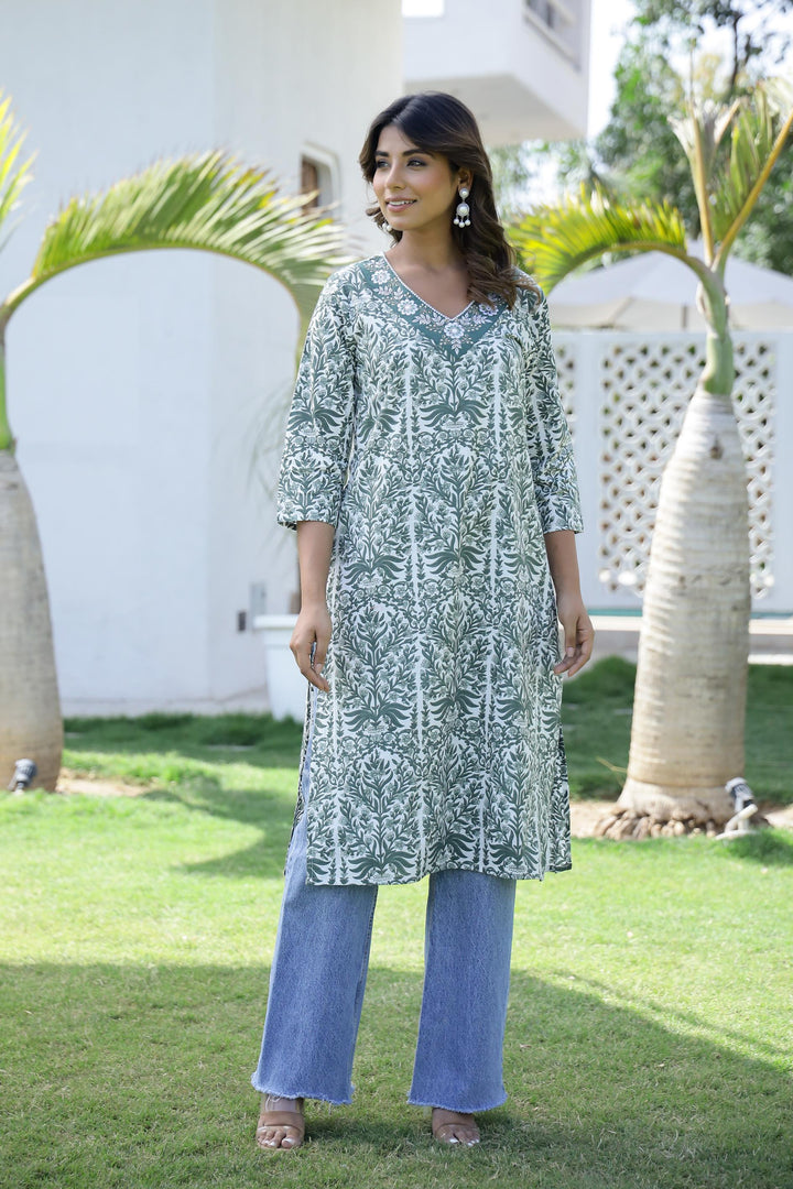 Cotton Embroidered Straight Fit Kurti Set