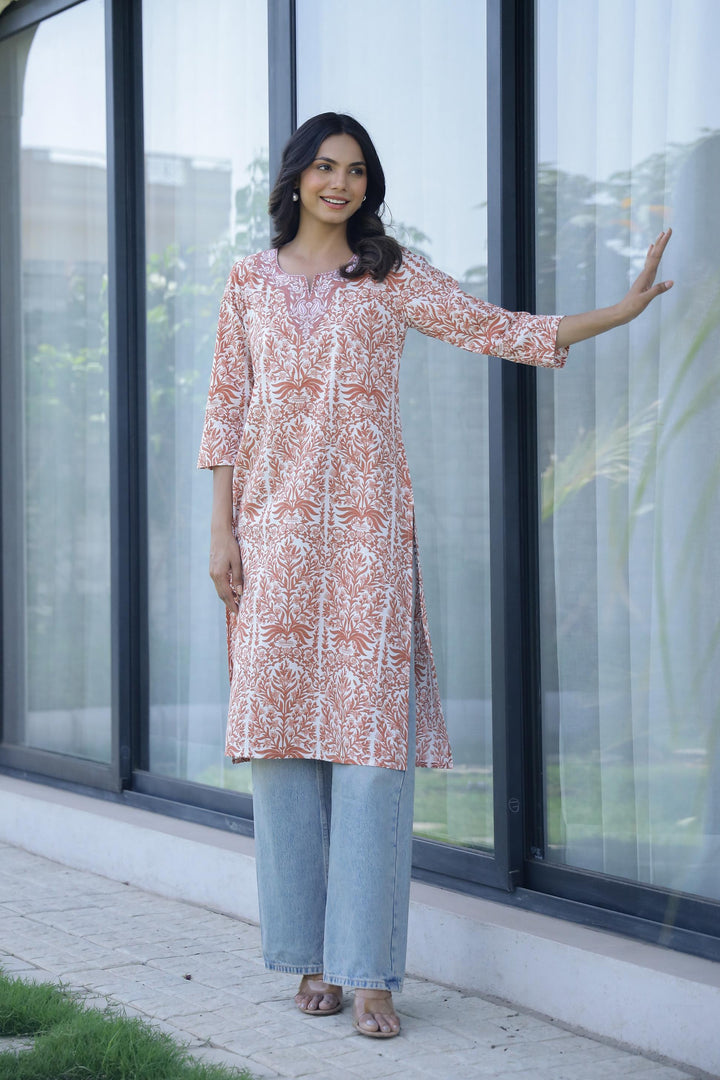 Cotton Embroidered Straight Fit Kurti Set