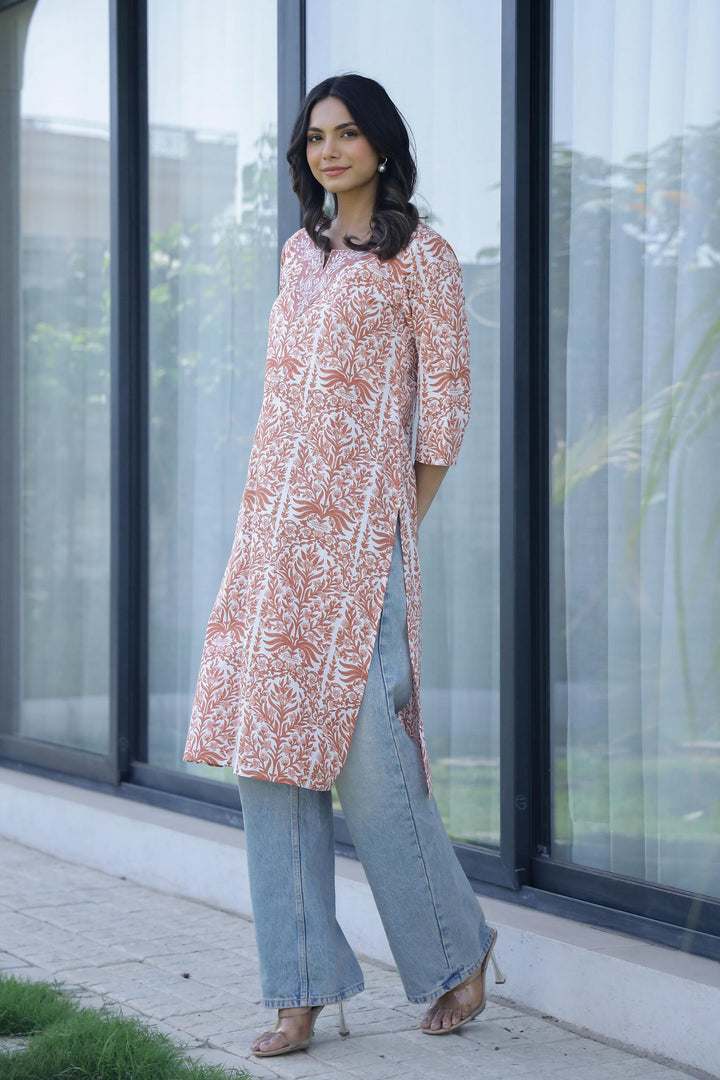 Cotton Embroidered Straight Fit Kurti Set