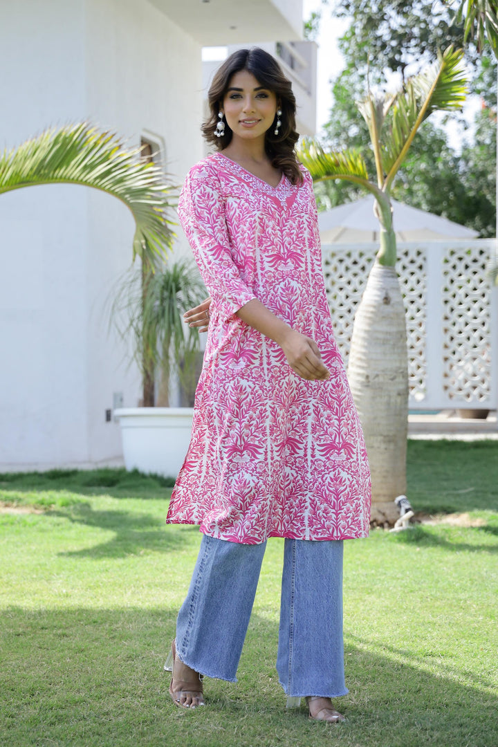 Cotton Embroidered Straight Fit Kurti Set