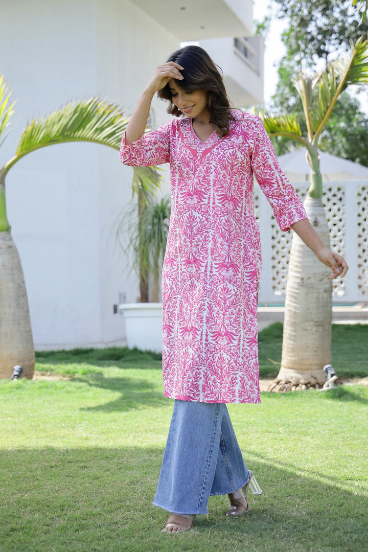 Cotton Embroidered Straight Fit Kurti Set