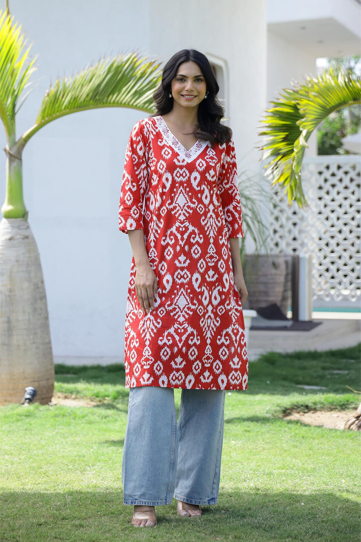 Cotton Embroidered Straight Fit Kurti Set