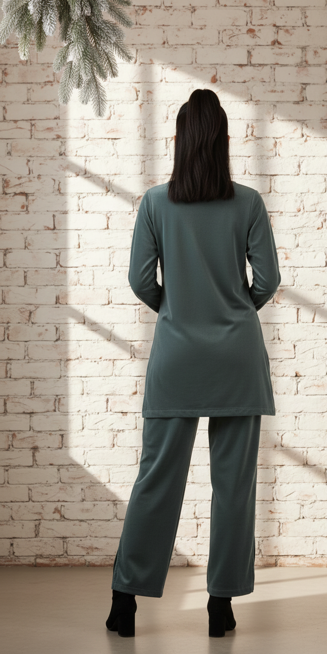 Grey Velvet Round Neck Co-ord Set