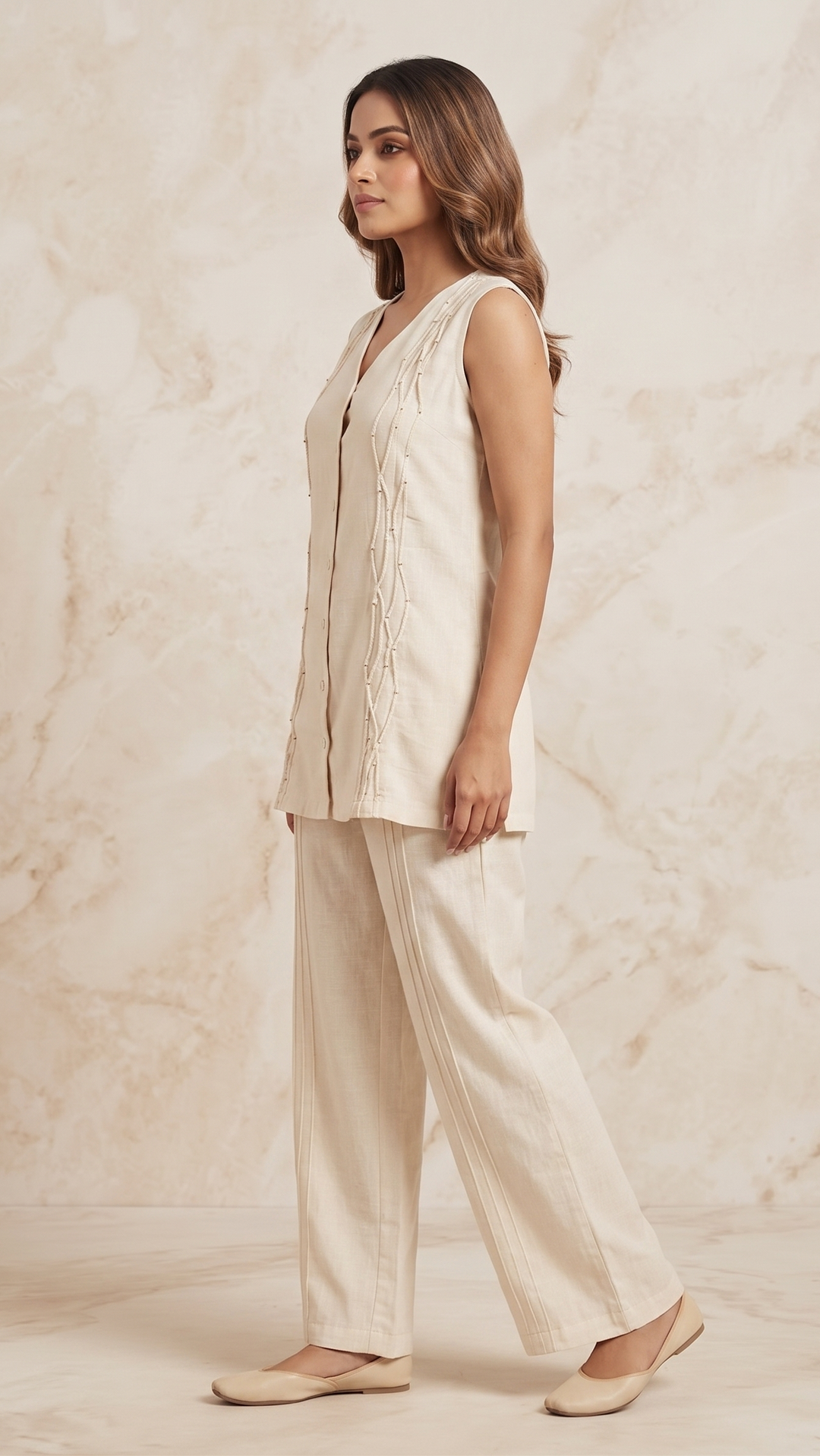 Beige Cotton Flex Co-Ord Set