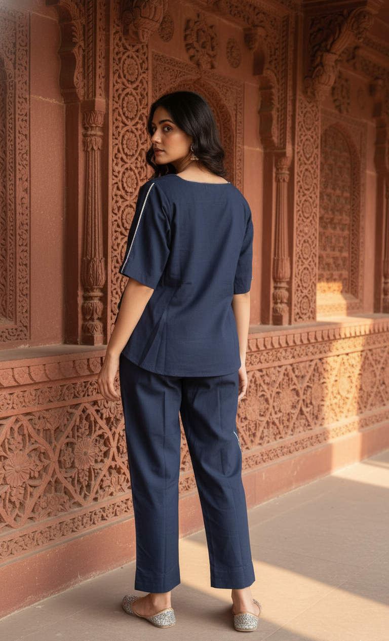 Chic Blue Co-Ord Set with Contrast Stitching – Trendy & Elegant