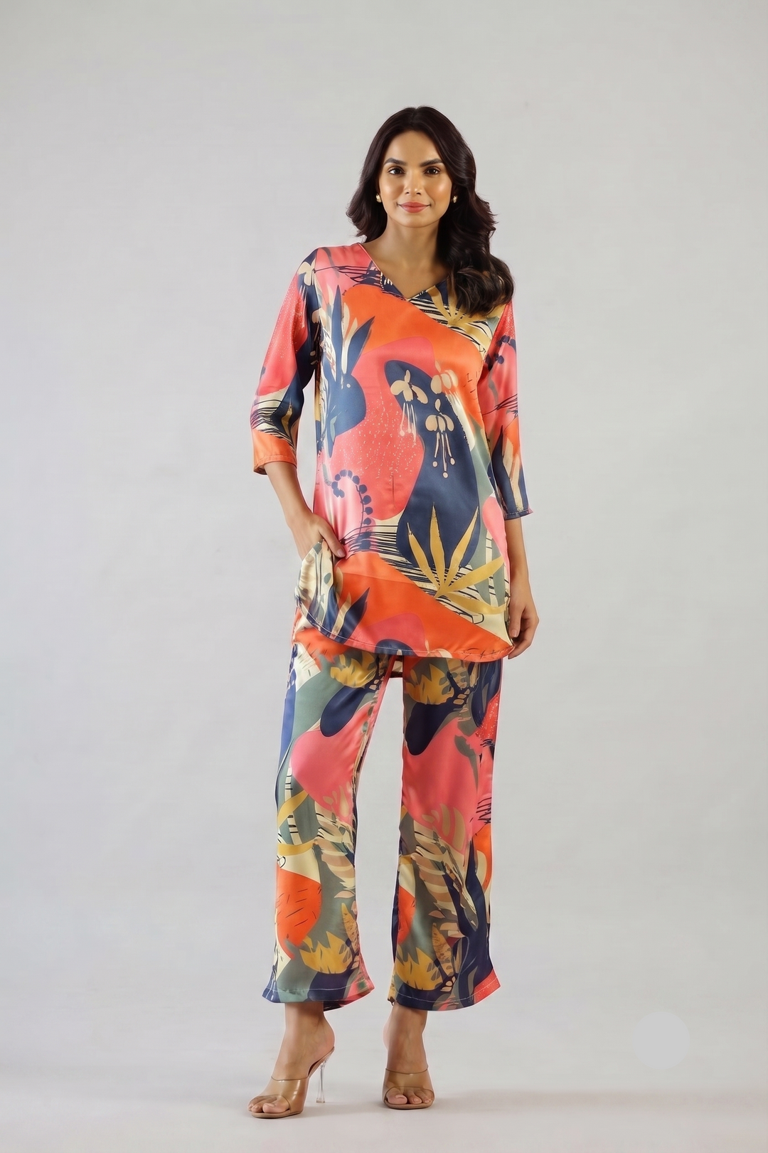 Tropical Pastel Print Satin Pajama Set - Fresh & Stylish Nightwear