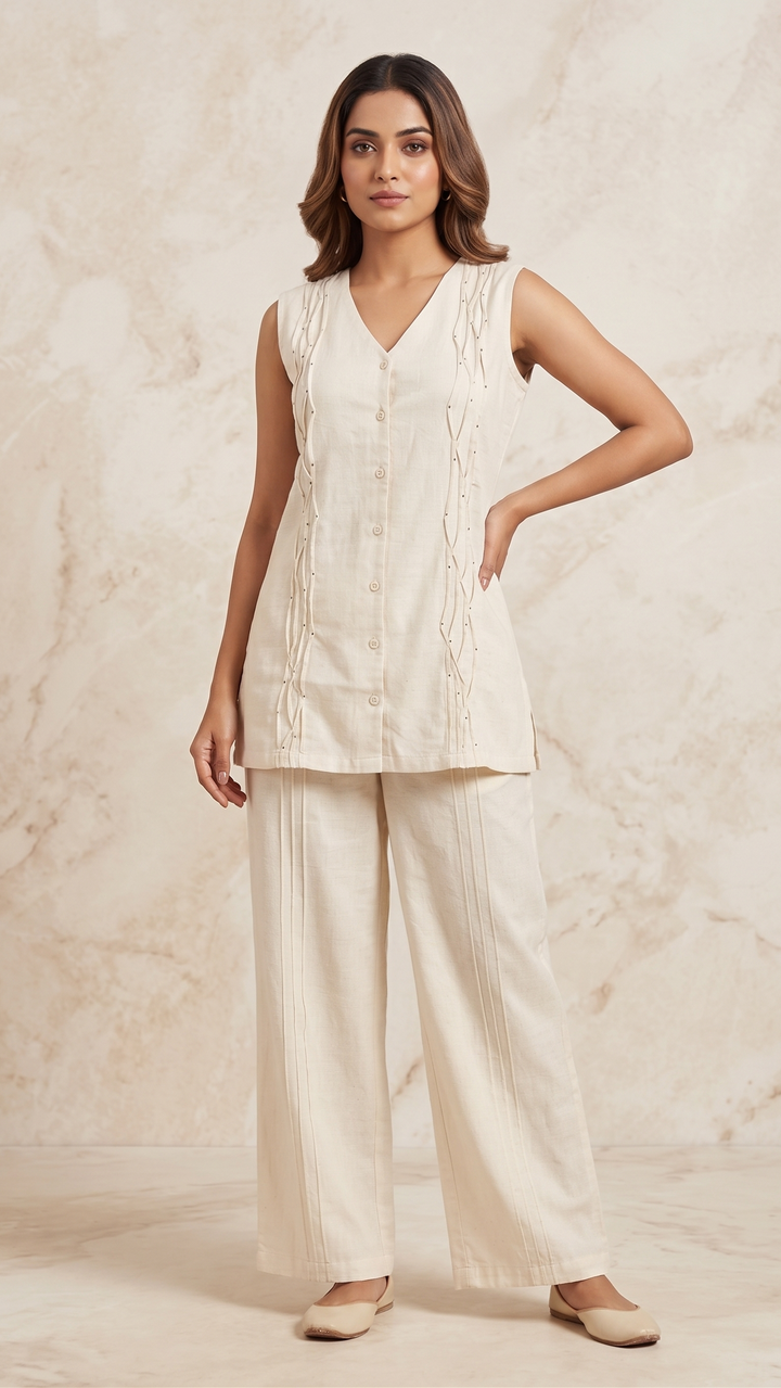 Beige Cotton Flex Co-Ord Set