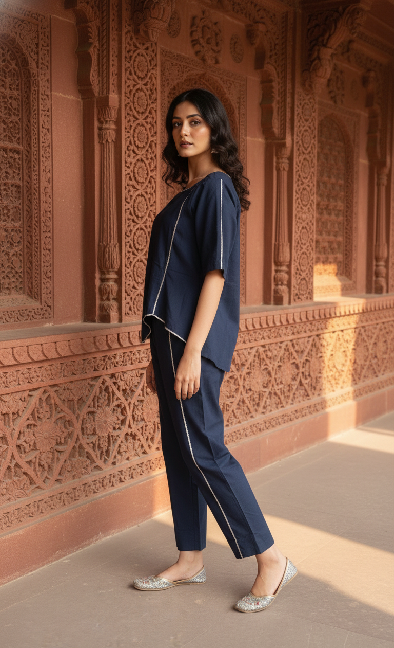 Chic Blue Co-Ord Set with Contrast Stitching – Trendy & Elegant