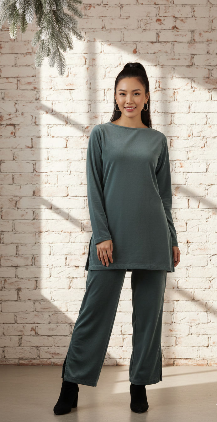 Grey Velvet Round Neck Co-ord Set