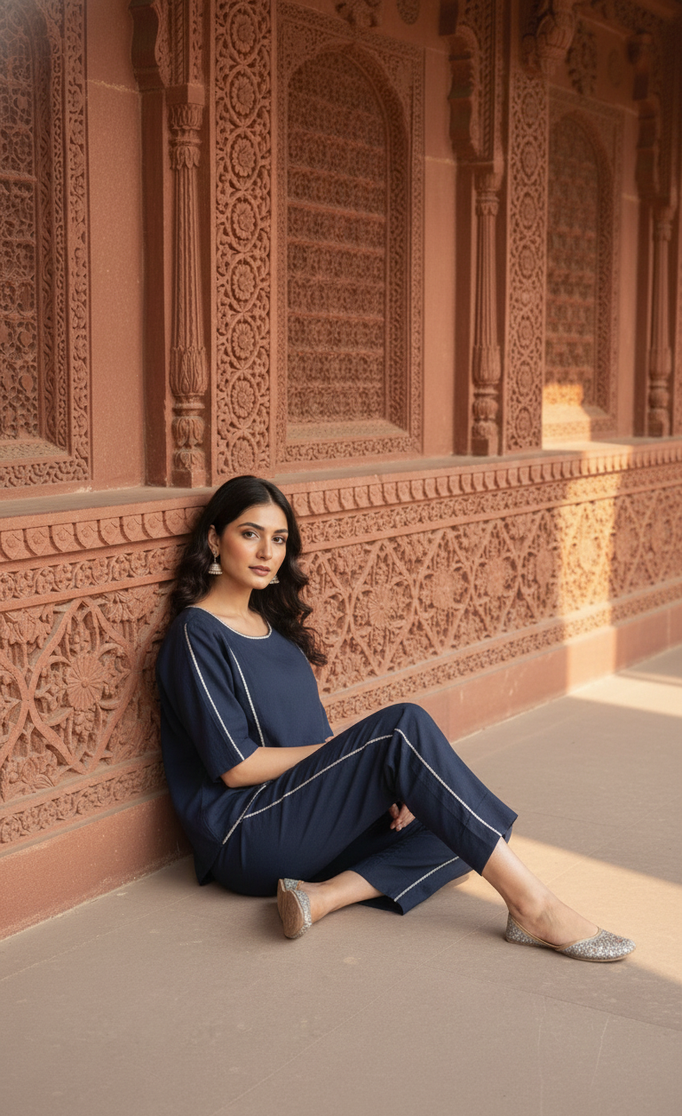 Chic Blue Co-Ord Set with Contrast Stitching – Trendy & Elegant