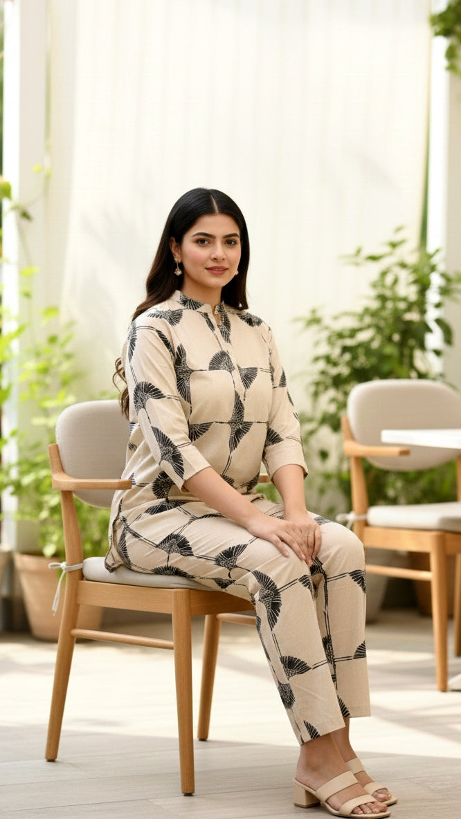 Beige Color Block Print Women's Co-ord Set