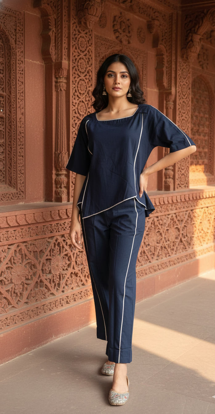 Chic Blue Co-Ord Set with Contrast Stitching – Trendy & Elegant