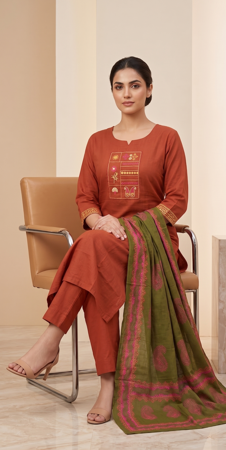 Aabroo Rust Bloom Kurta Set