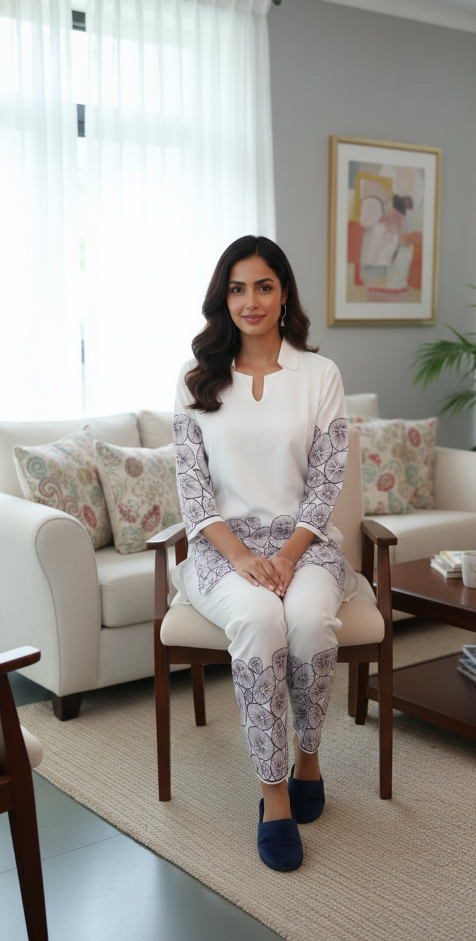 Elegant White Printed Co-Ord Set for Women | Comfortable & Stylish Daily Wear