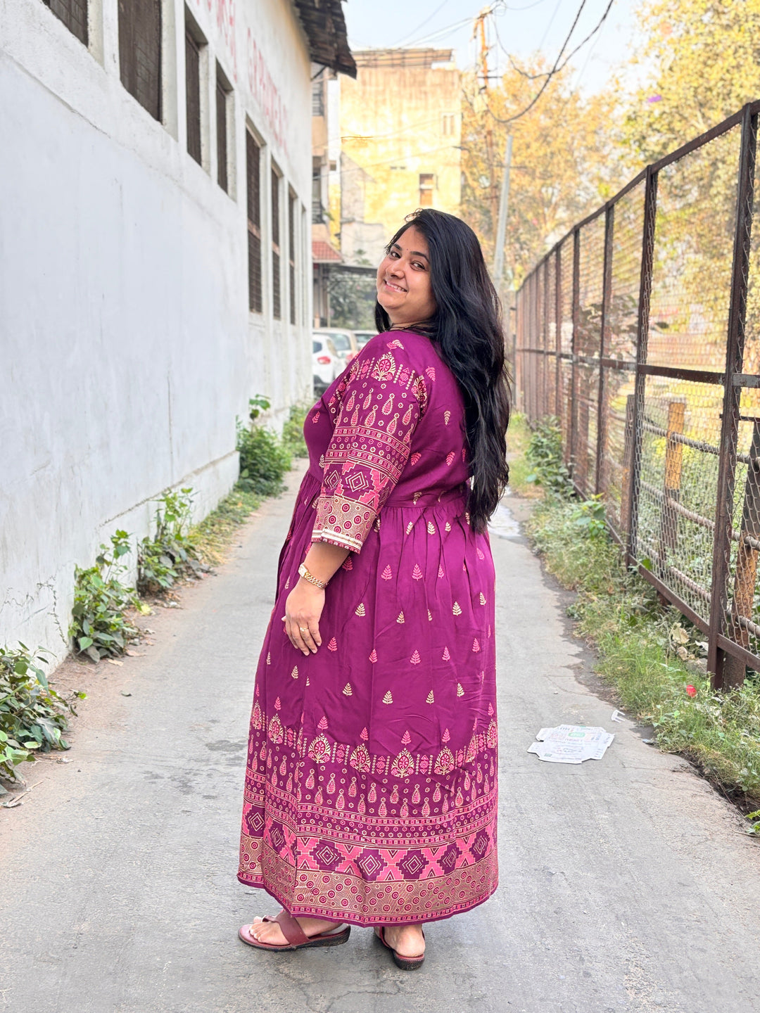 Plus Size Cotton Purple Abstract Printed Gown