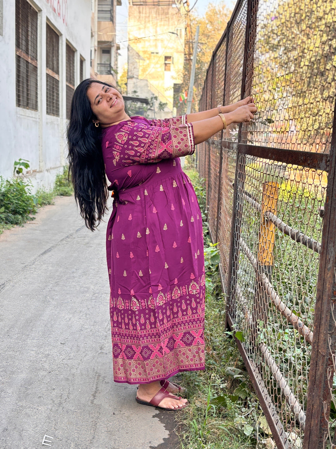 Plus Size Cotton Purple Abstract Printed Gown