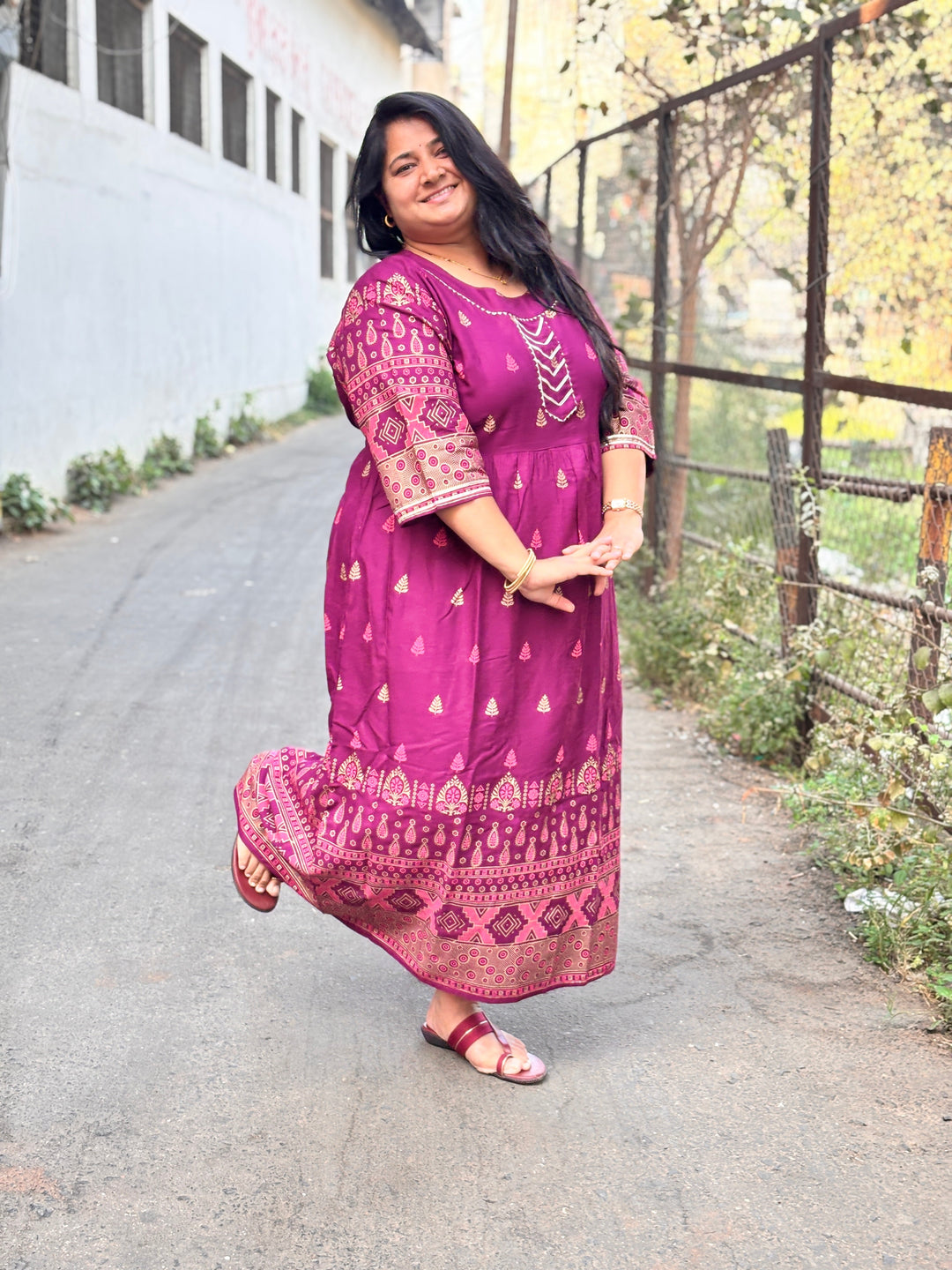 Plus Size Cotton Purple Abstract Printed Gown