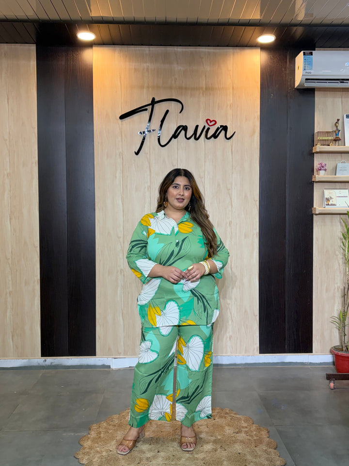 Plus Size Green Printed Cotton Co-ord Set – Comfortable Everyday Wear for Women