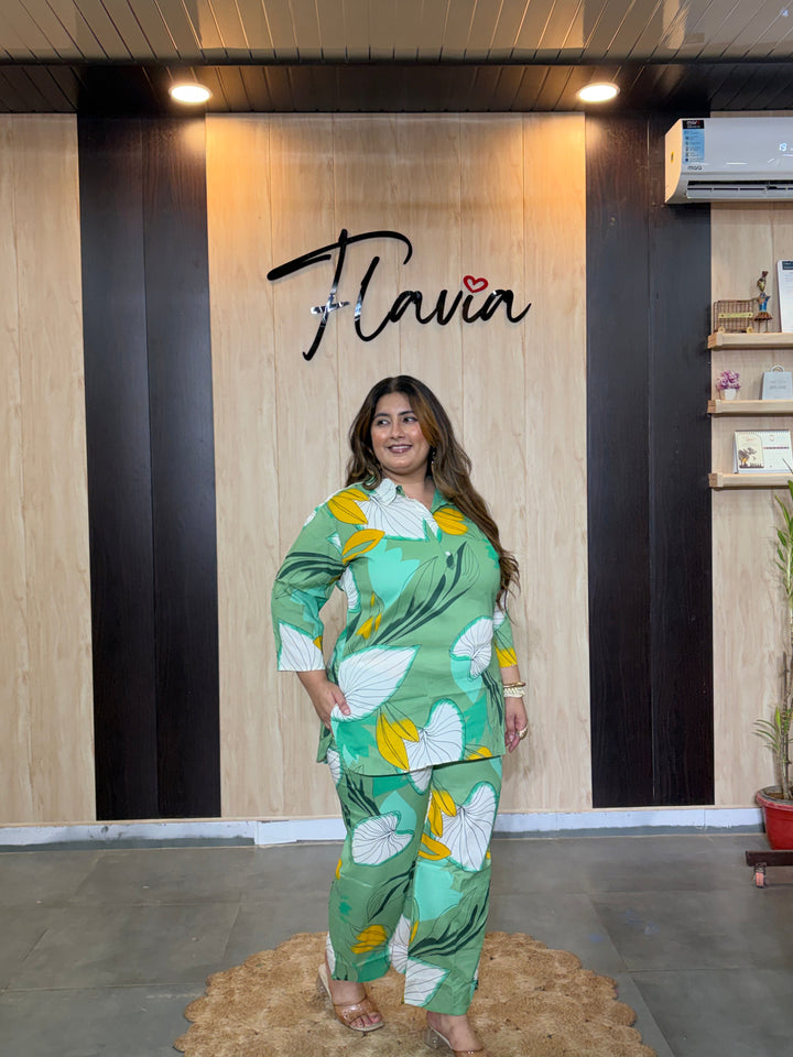 Plus Size Green Printed Cotton Co-ord Set – Comfortable Everyday Wear for Women