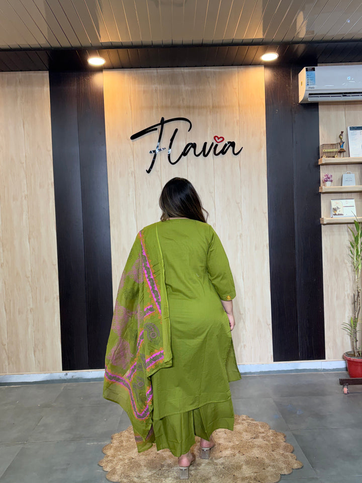 Classic Olive Green Cotton Kurta Set with Tribal-Inspired Embroidered Yoke and Printed Dupatta