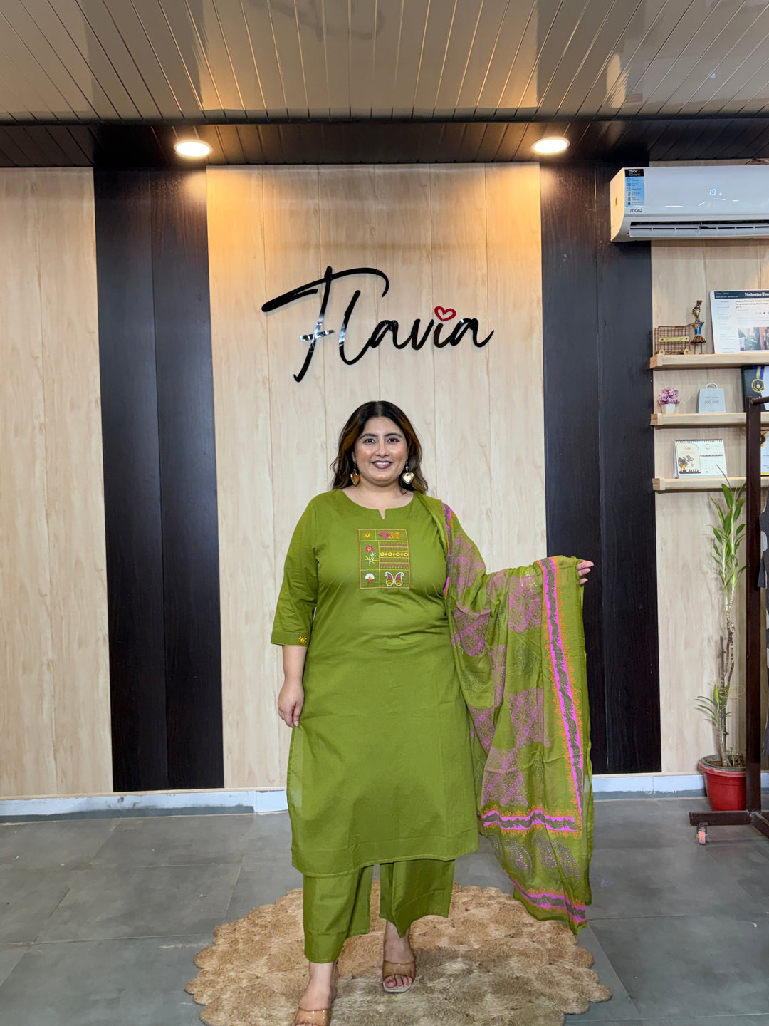 Classic Olive Green Cotton Kurta Set with Tribal-Inspired Embroidered Yoke and Printed Dupatta