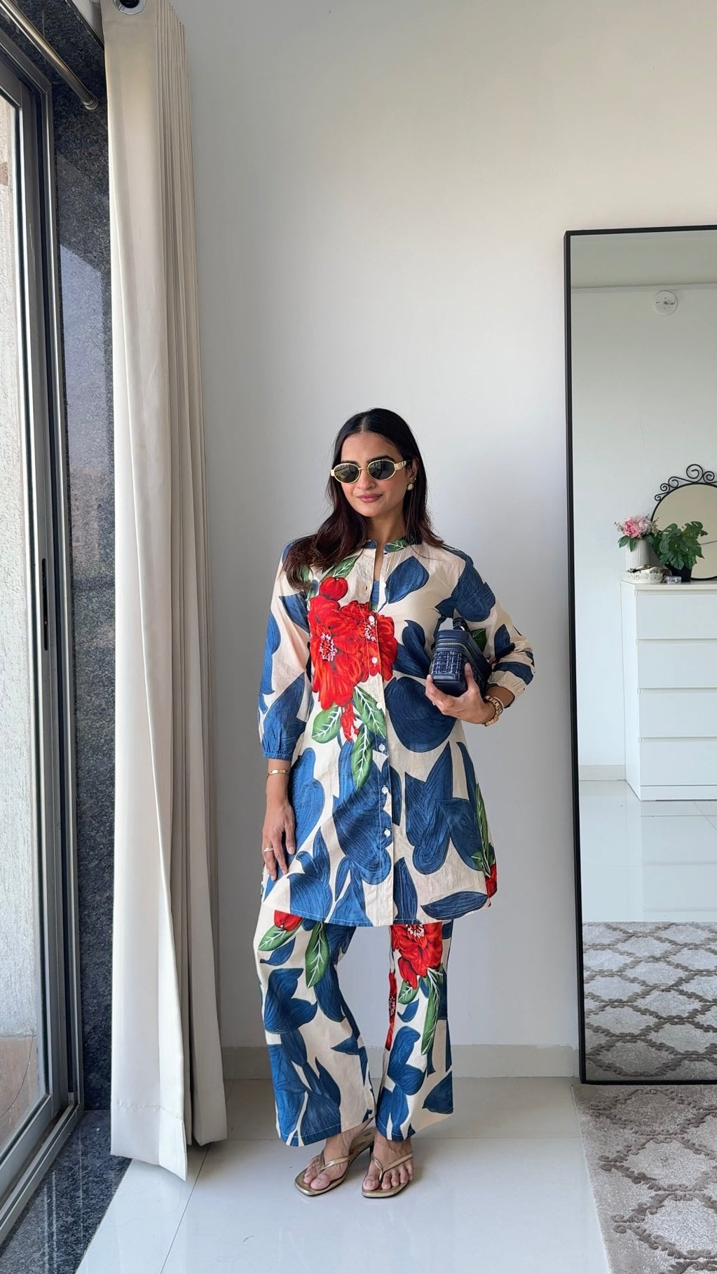 Ivory & Blue Oversized Leaf Co-ord Set