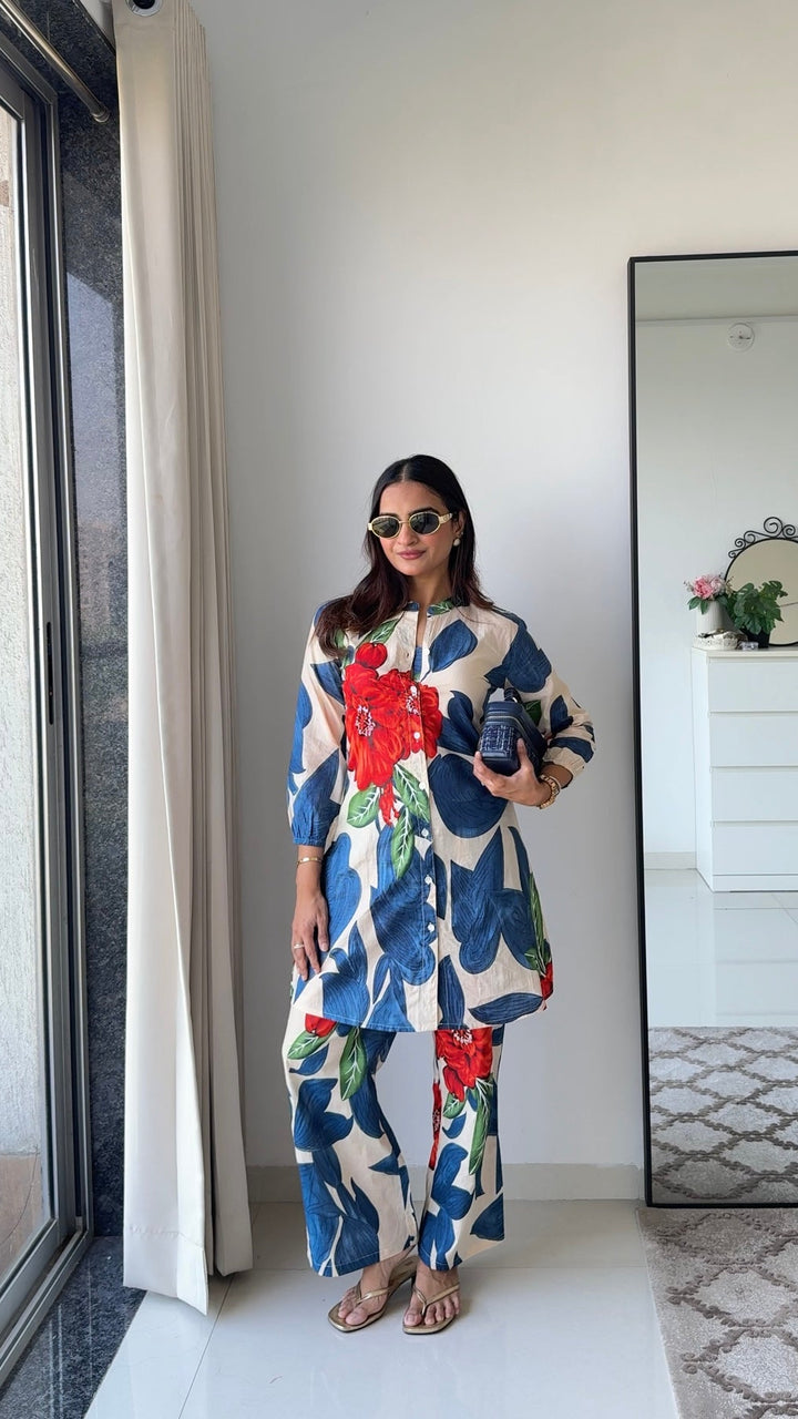 Ivory & Blue Oversized Leaf Co-ord Set