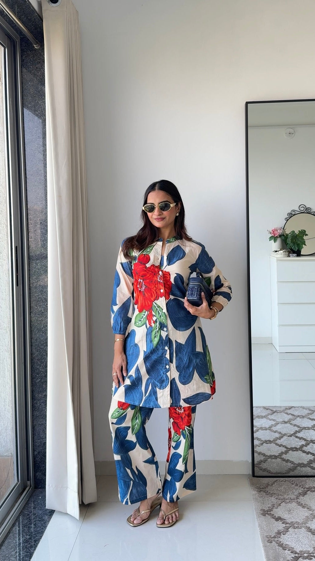 Ivory & Blue Oversized Leaf Co-ord Set