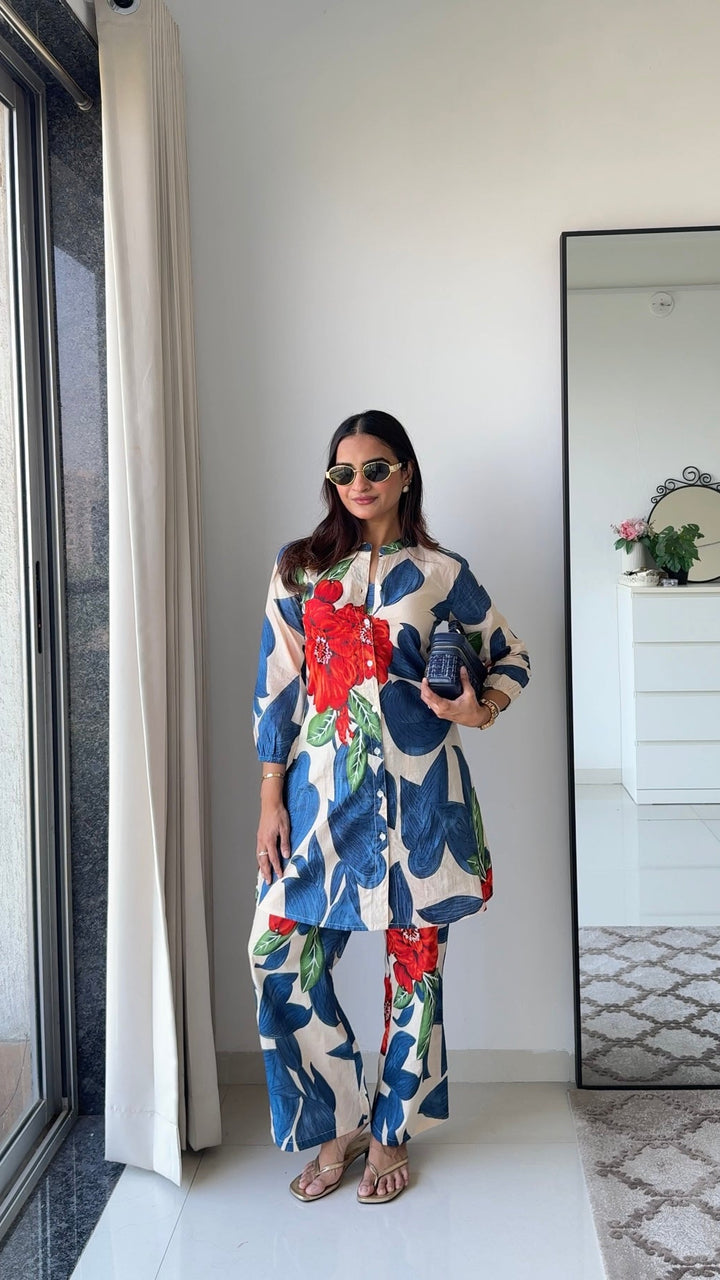 Ivory & Blue Oversized Leaf Co-ord Set