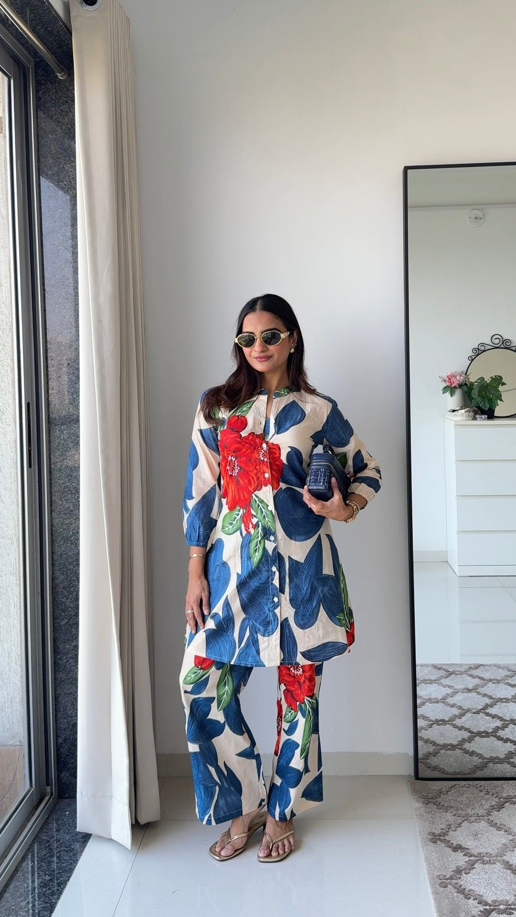 Ivory & Blue Oversized Leaf Co-ord Set