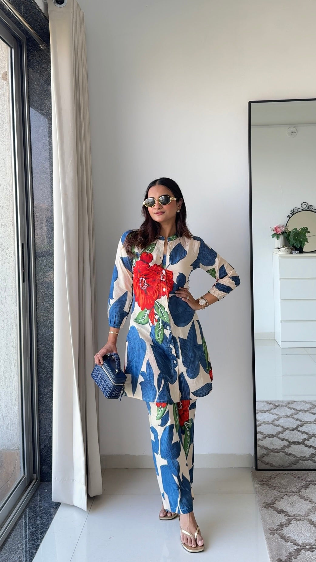 Ivory & Blue Oversized Leaf Co-ord Set