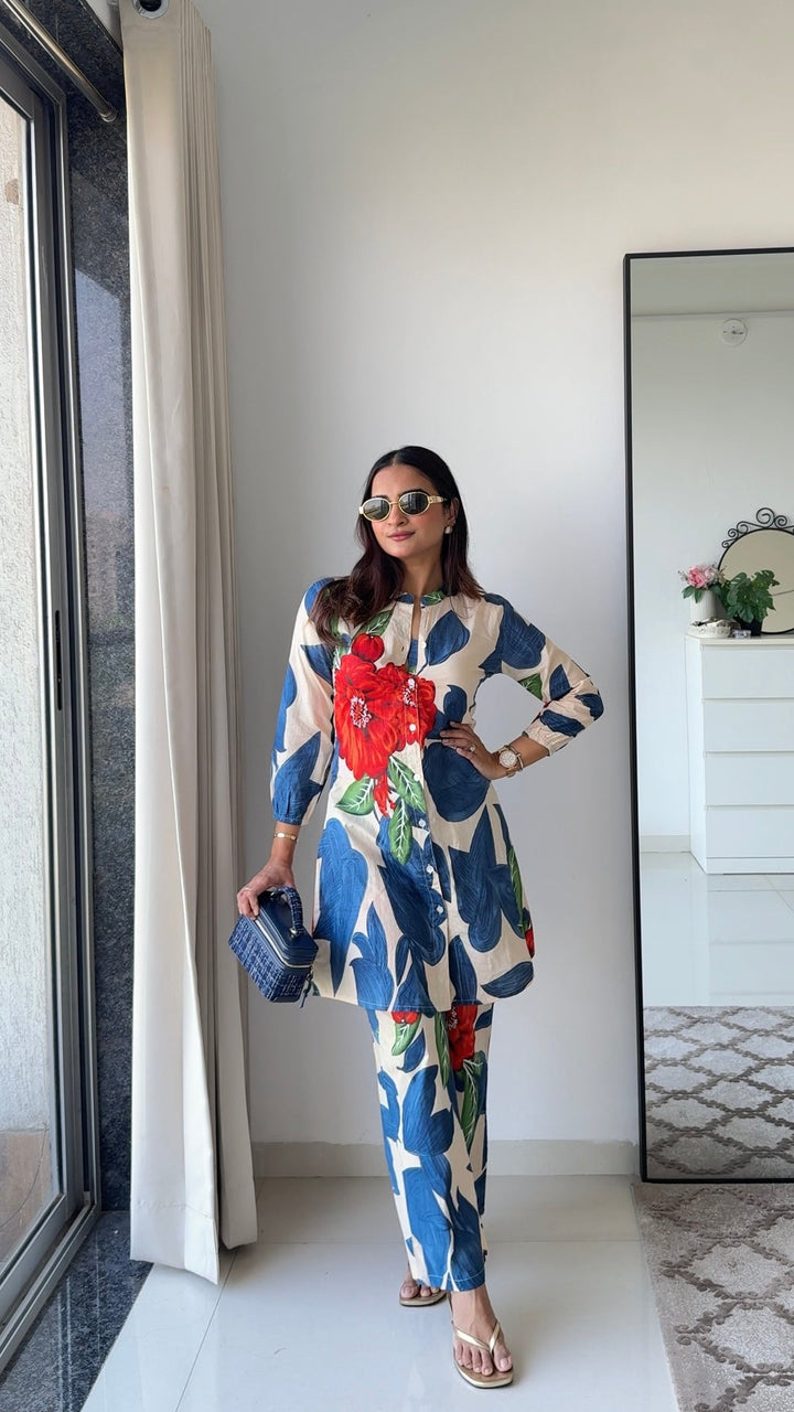 Ivory & Blue Oversized Leaf Co-ord Set