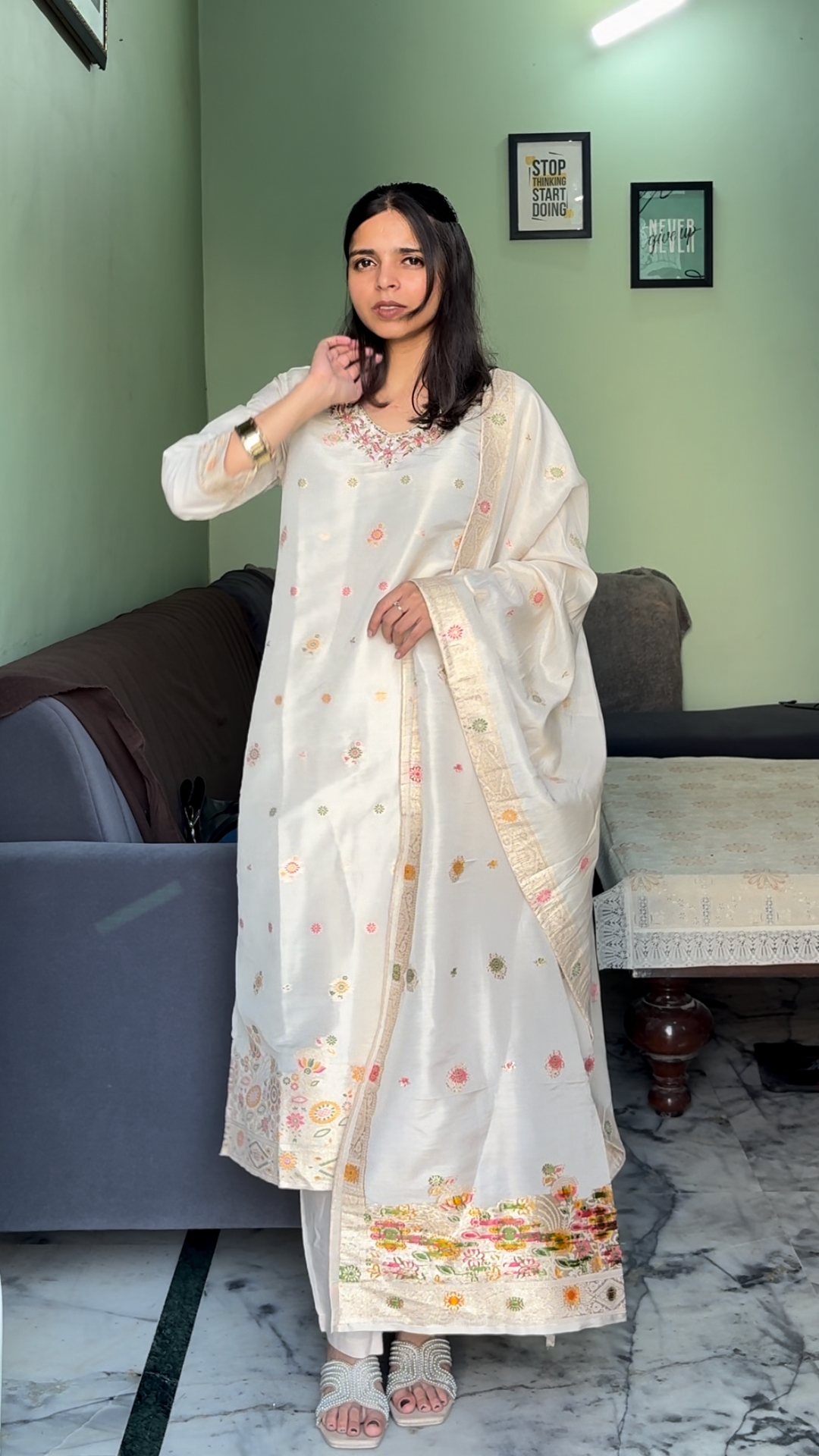 Ivory Embroidered Cotton Kurta Set with Dupatta