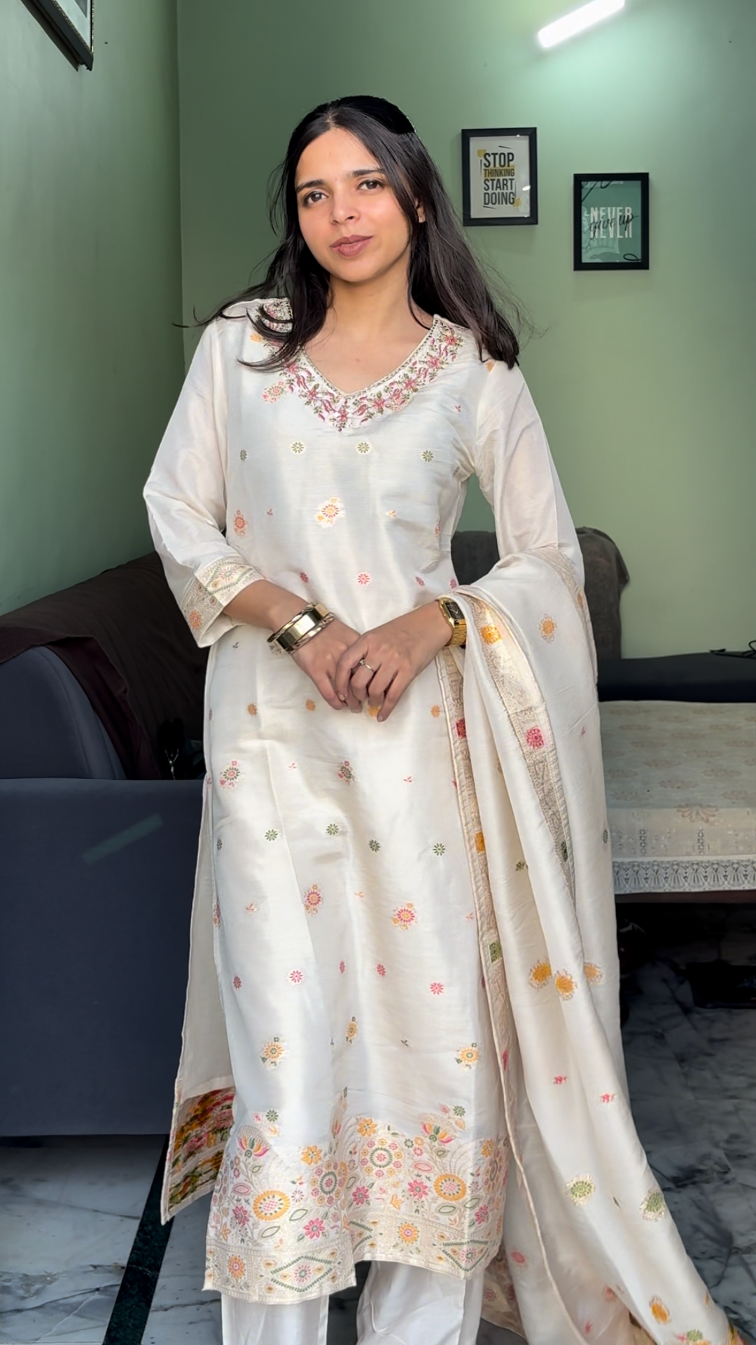 Ivory Embroidered Cotton Kurta Set with Dupatta