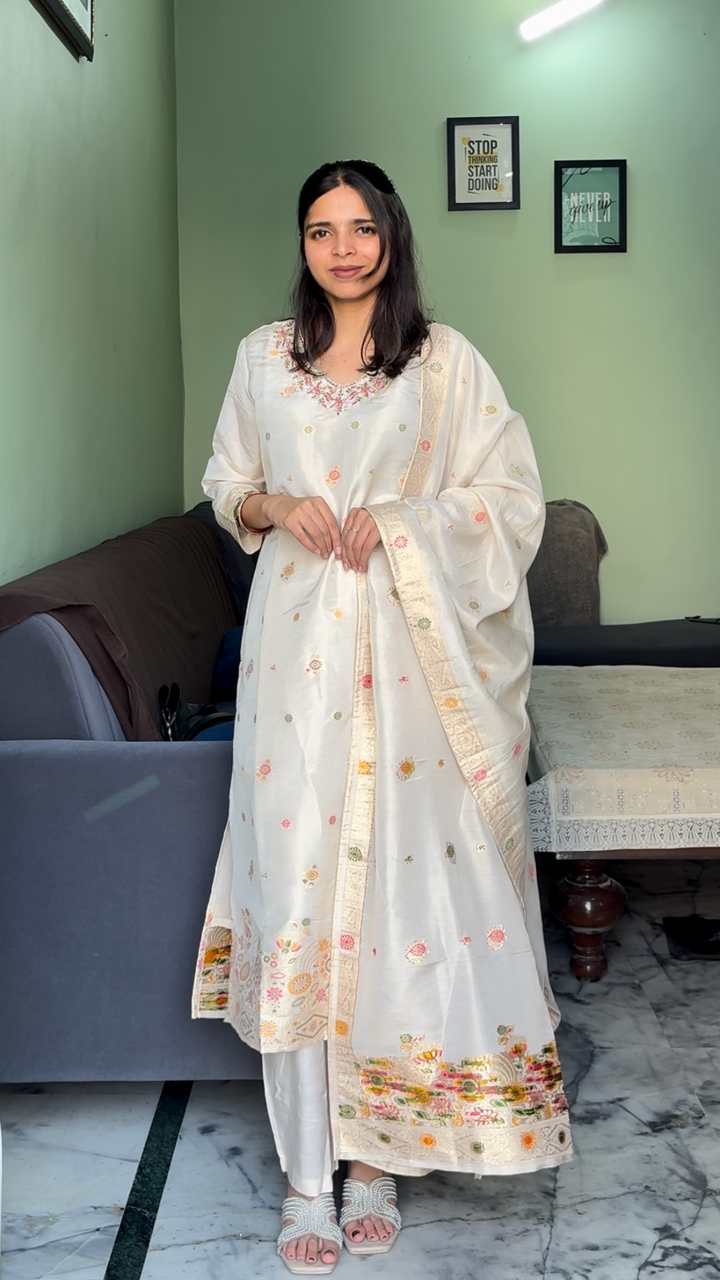 Ivory Embroidered Cotton Kurta Set with Dupatta