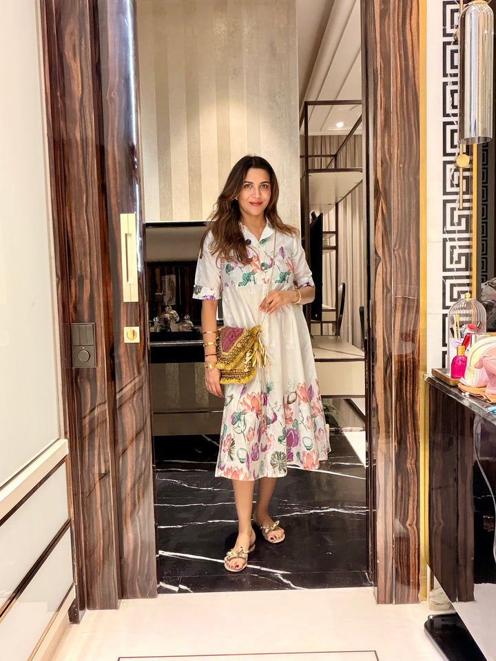 Elegant Lotus Floral Print Shirt Dress for Women – White Midi