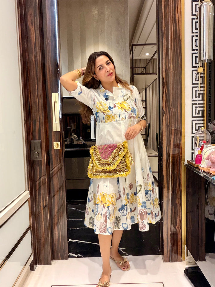Women's White Floral Shirt Dress with Yellow & Blue Print – Midi Length