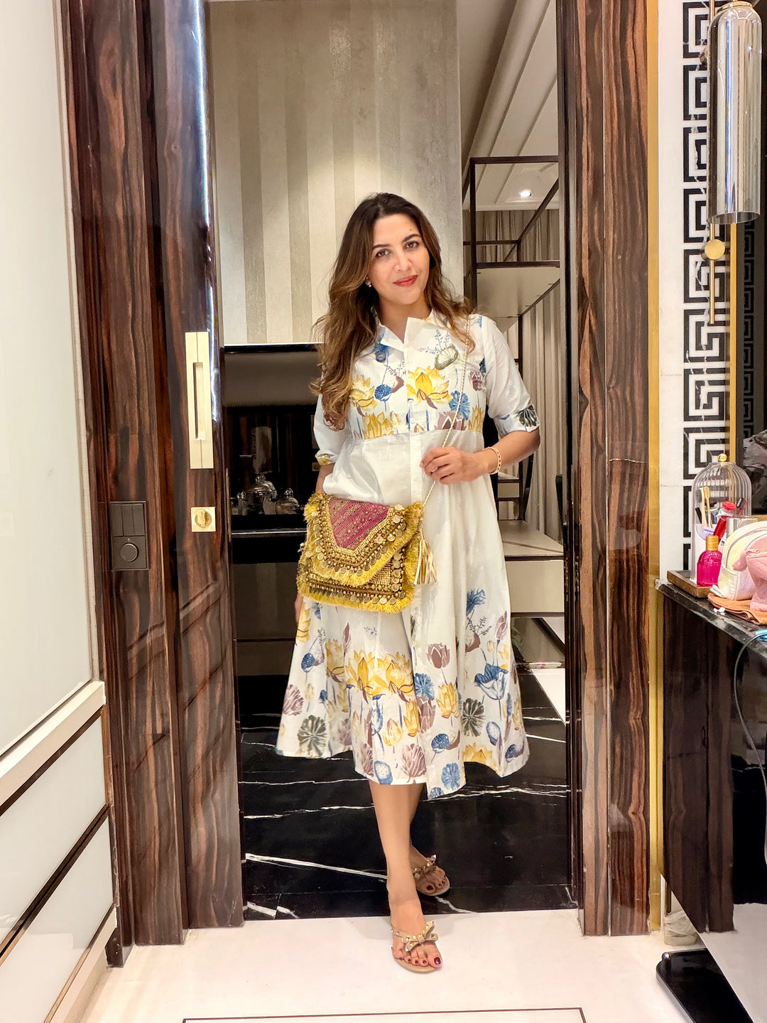 Women's White Floral Shirt Dress with Yellow & Blue Print – Midi Length