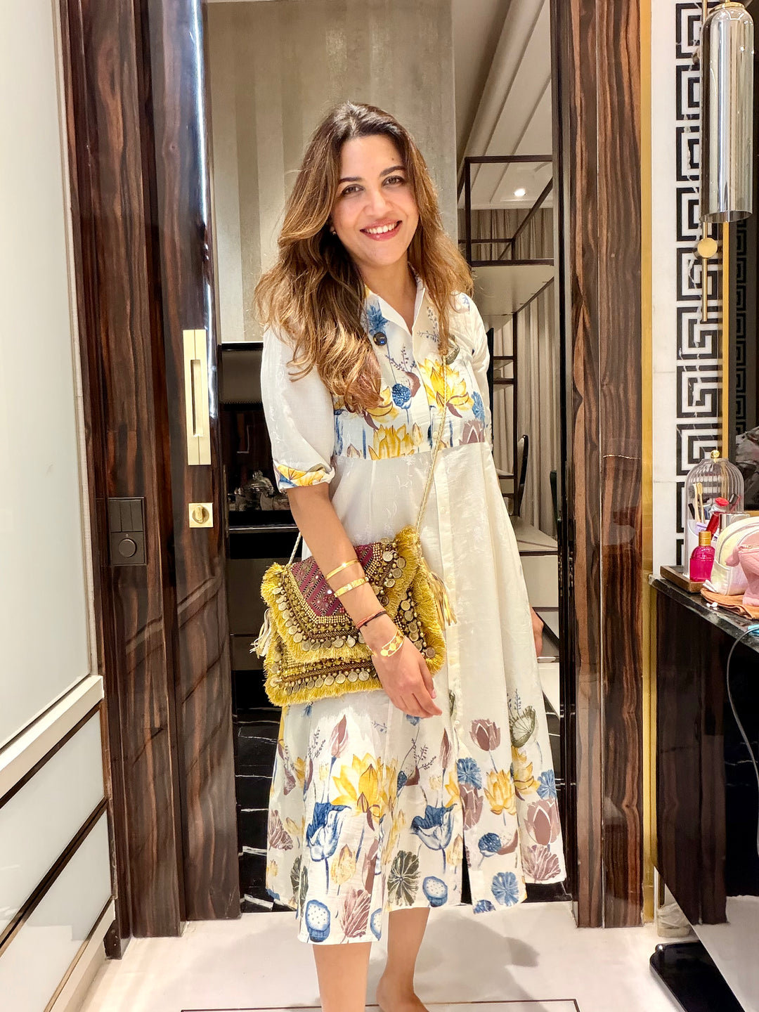 Women's White Floral Shirt Dress with Yellow & Blue Print – Midi Length