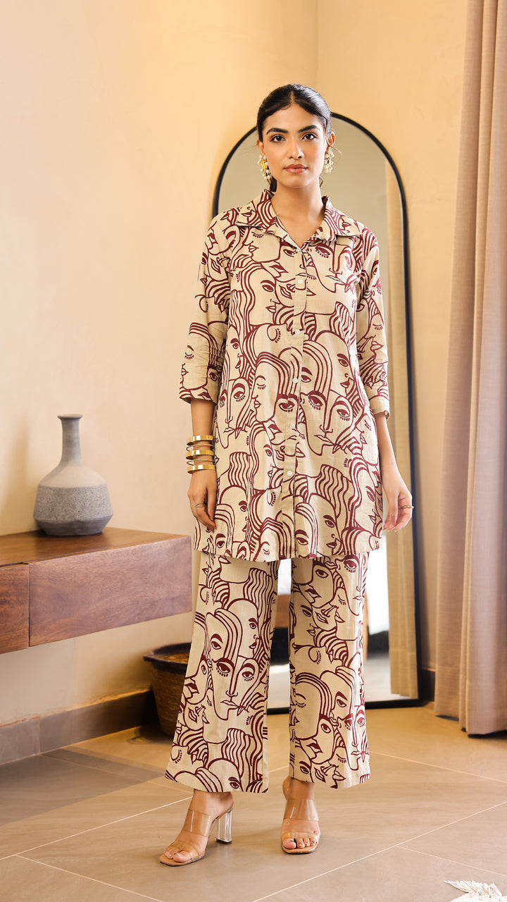Beige & Maroon Abstract Face Print Co-ord Set