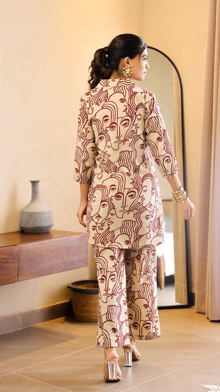 Beige & Maroon Abstract Face Print Co-ord Set