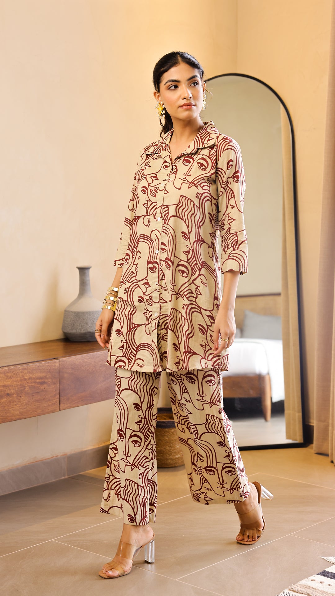 Beige & Maroon Abstract Face Print Co-ord Set