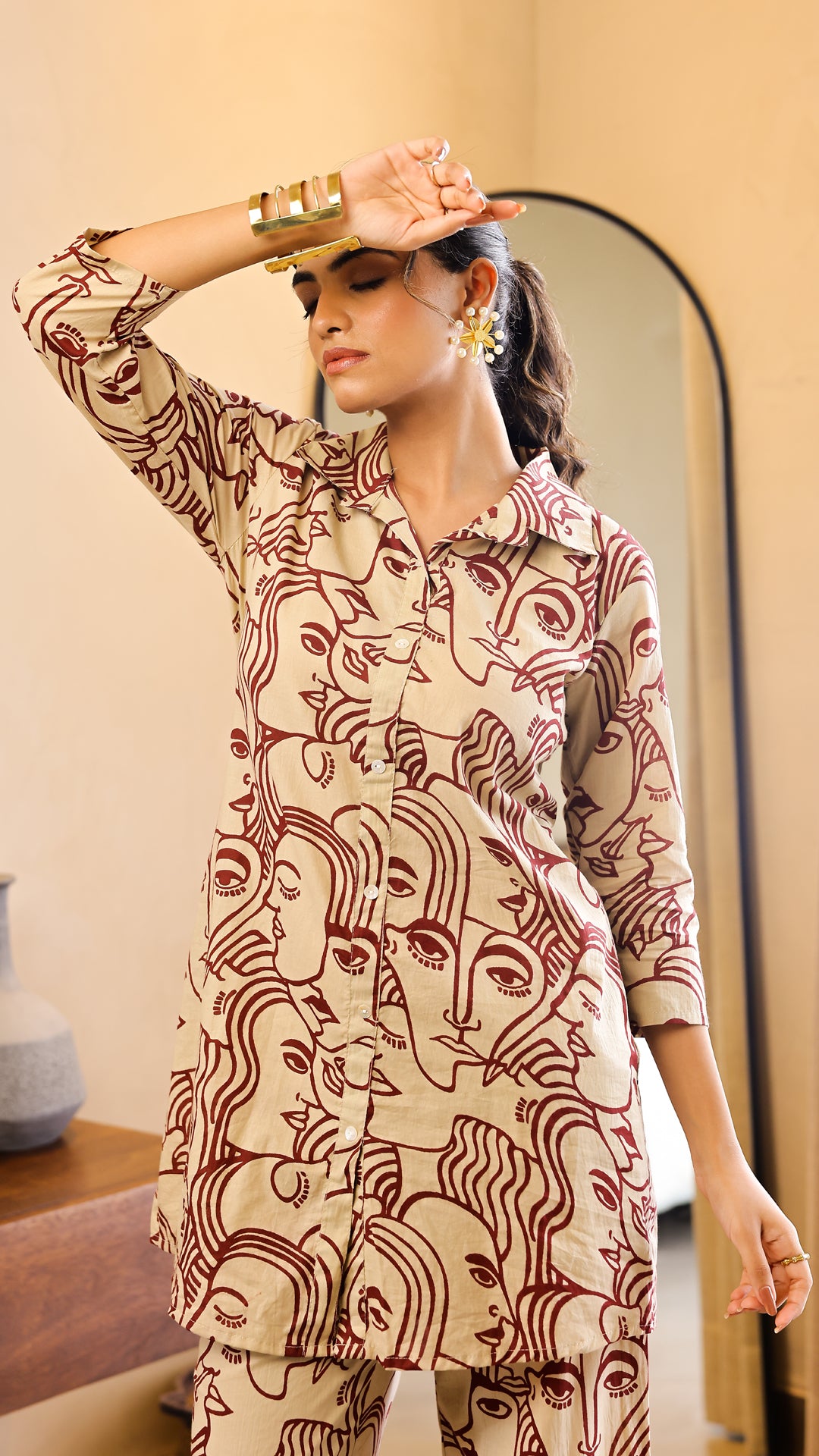 Beige & Maroon Abstract Face Print Co-ord Set