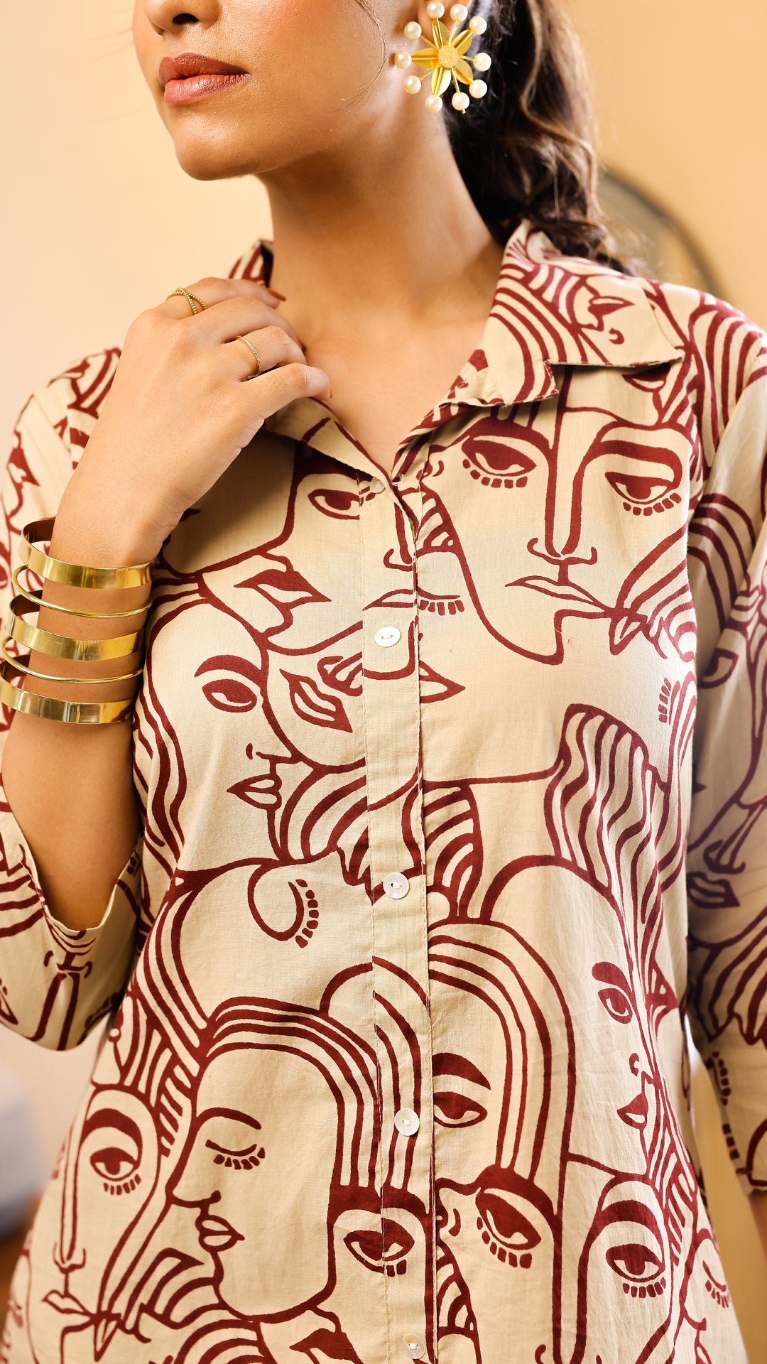 Beige & Maroon Abstract Face Print Co-ord Set